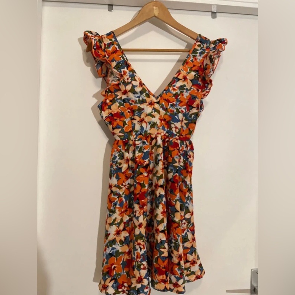 Floral V-Neck Ruffle Sleeve Dress - Orange Floral